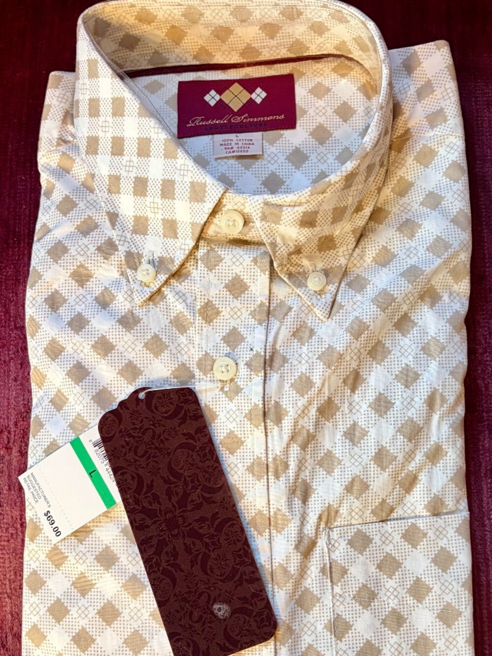 NWT $69 Men's Russell Simmons Argyleculture Long Sleeve dress shirt Khaki cream